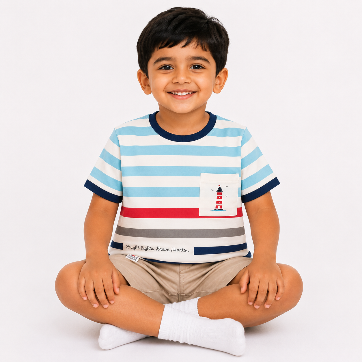 Striped Cotton T-Shirt with Lighthouse Pocket Print