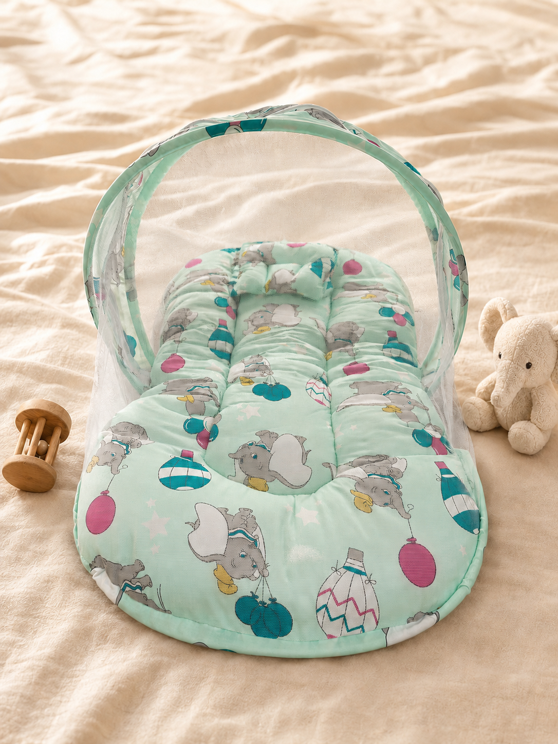 Elephant & Balloon Print Baby Bed with Mosquito Net
