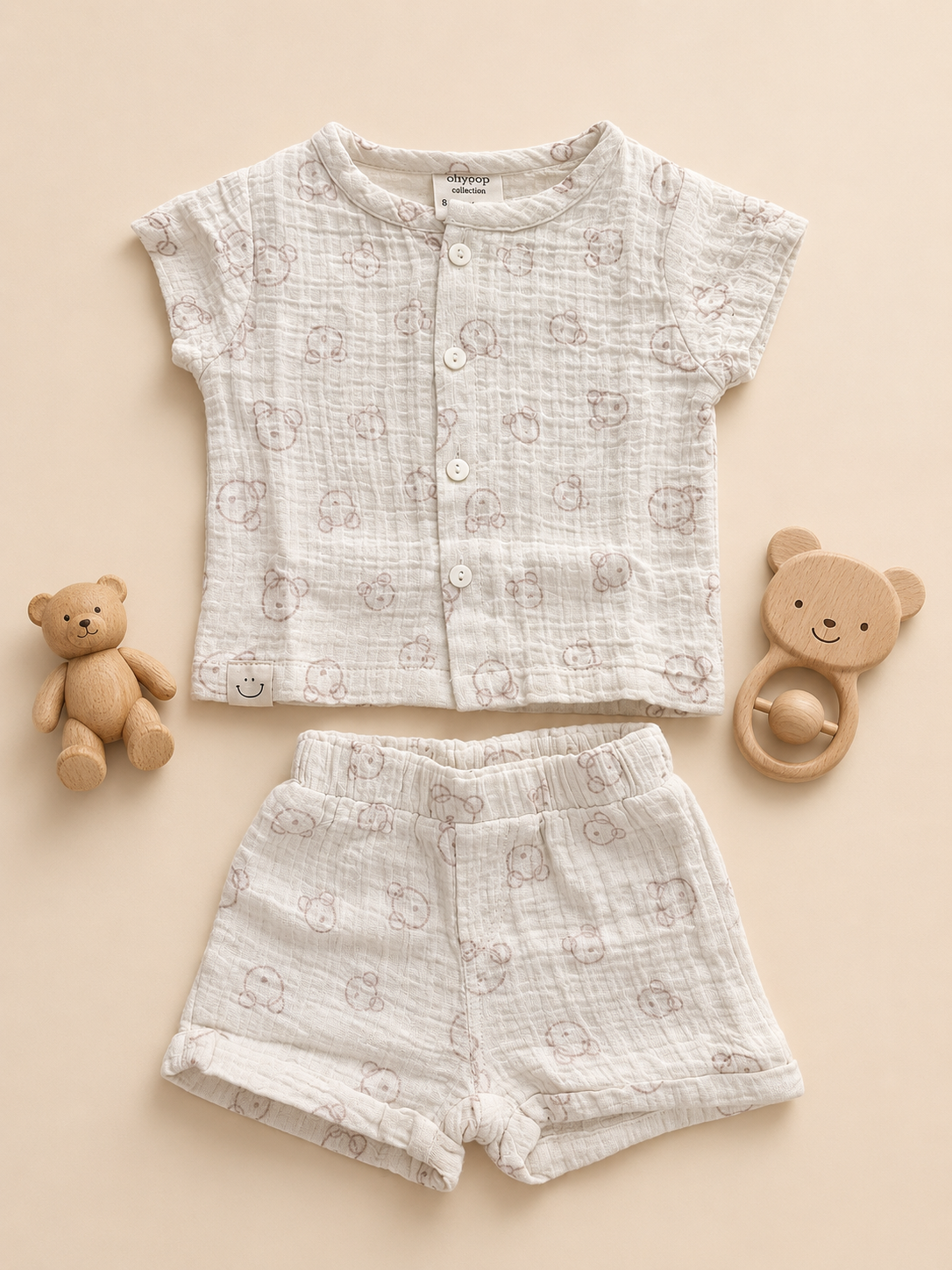 Baby Bear Print Muslin Shirt & Shorts Co-ord Set