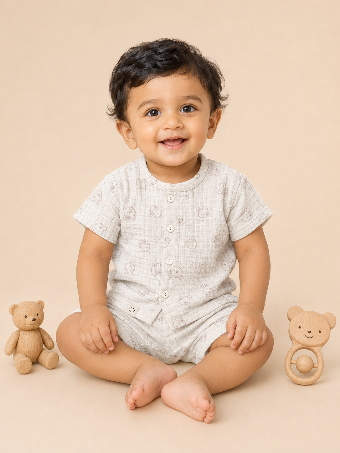 Baby Bear Print Muslin Shirt & Shorts Co-ord Set