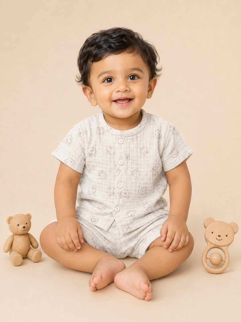 Baby Bear Print Muslin Shirt & Shorts Co-ord Set