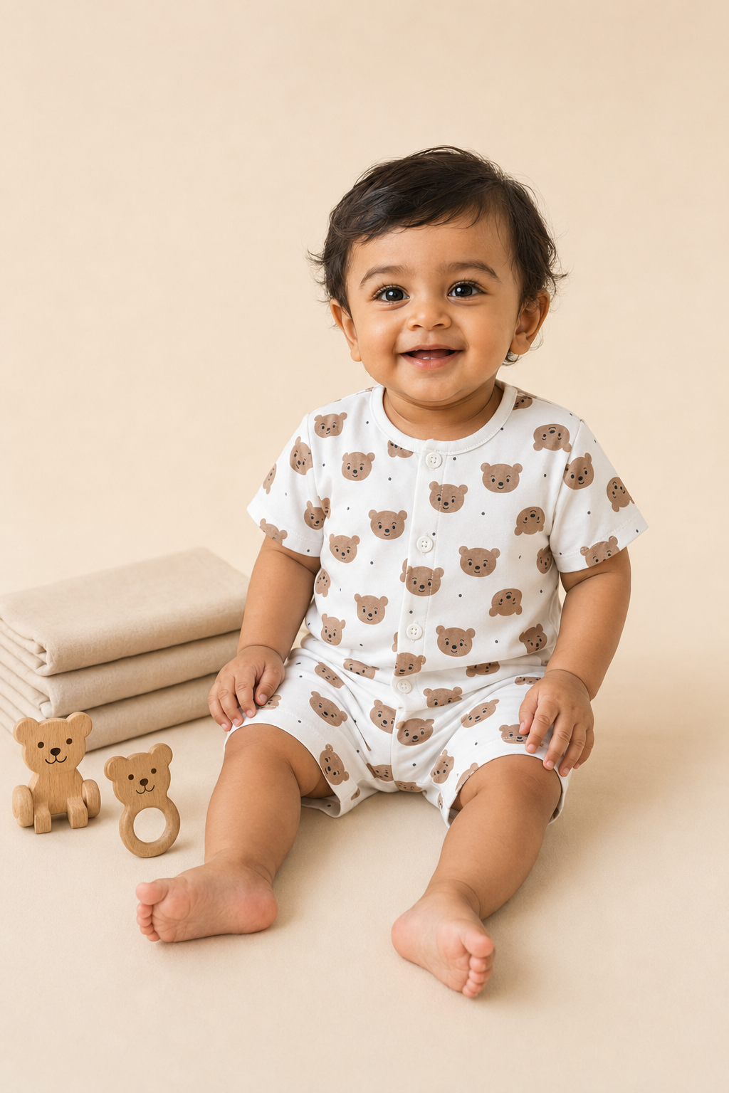 Boys’ Cute Bear Print Shirt & Shorts Co-Ord Set