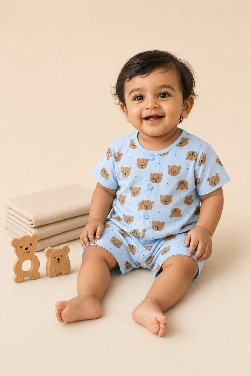Boys’ Cute Bear Print Shirt & Shorts Co-Ord Set