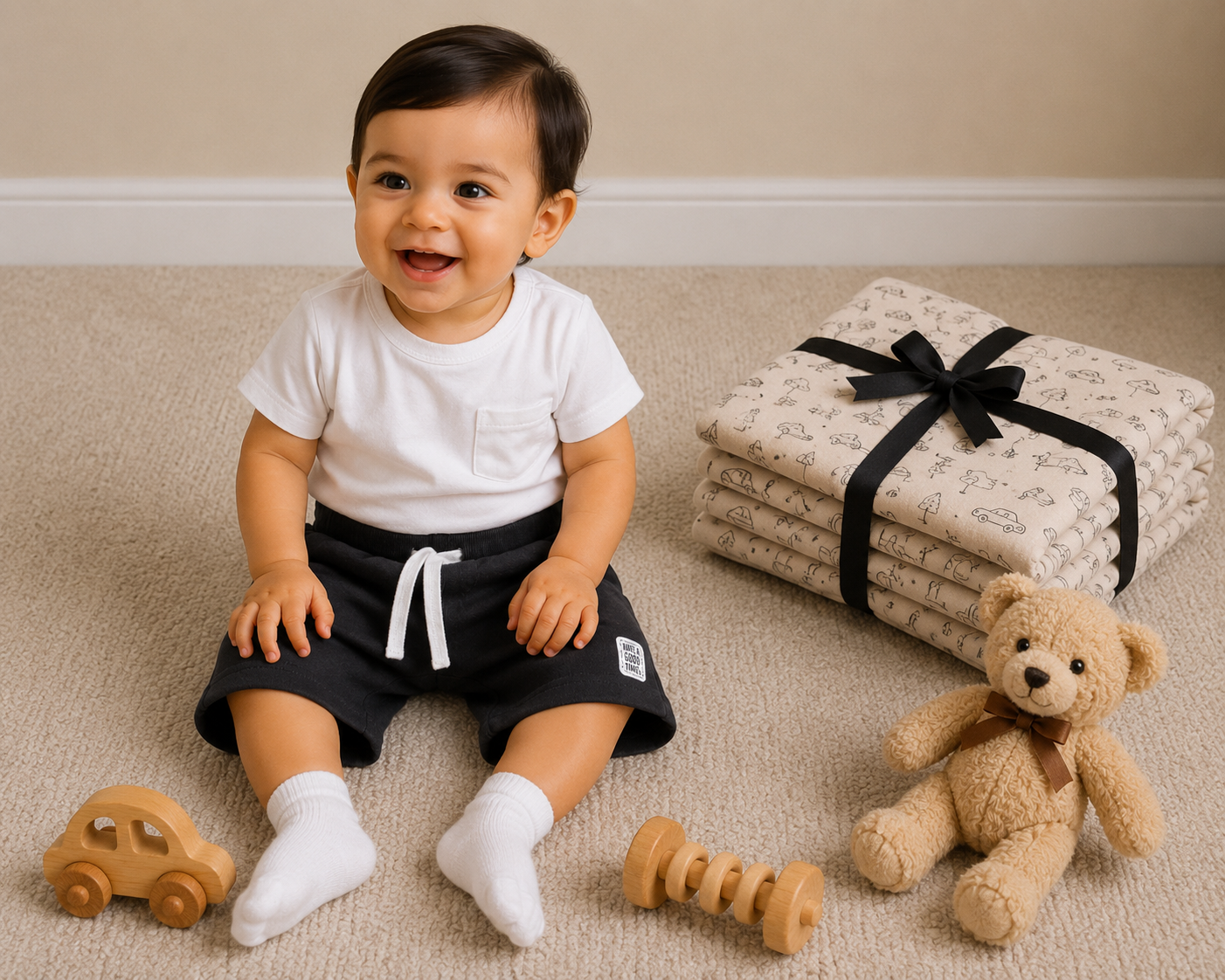 Baby Boys Sky Blue Cotton Shorts with Beach Patch