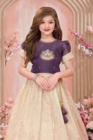 Purple Embroidered Blouse with Beige Silk Gown
