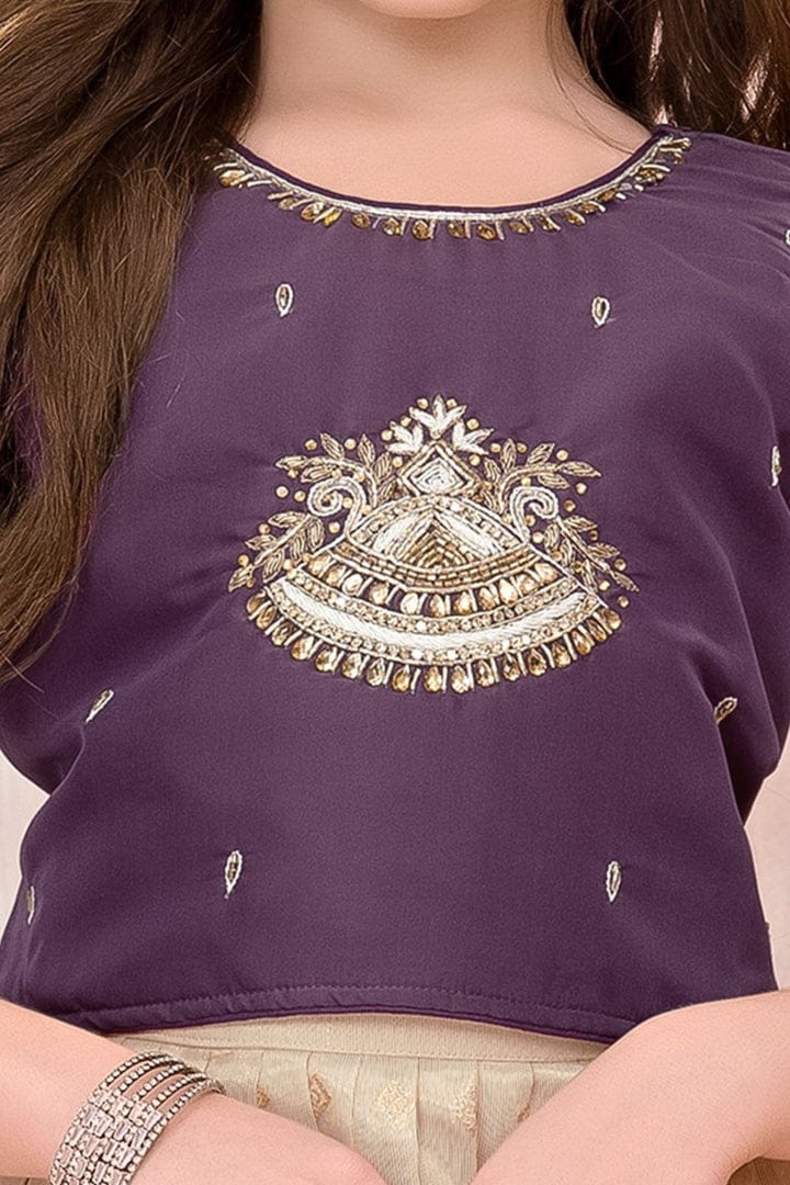 Purple Embroidered Blouse with Beige Silk Gown