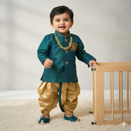 Teal & Gold Elephant Embroidered Kurta Dhoti Set – Regalia by BabyOne