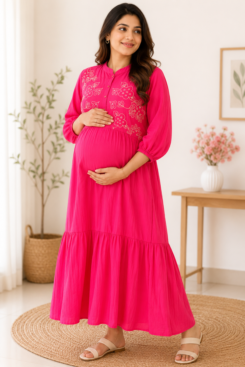 Pink Embroidered Maternity & Feeding Maxi Dress