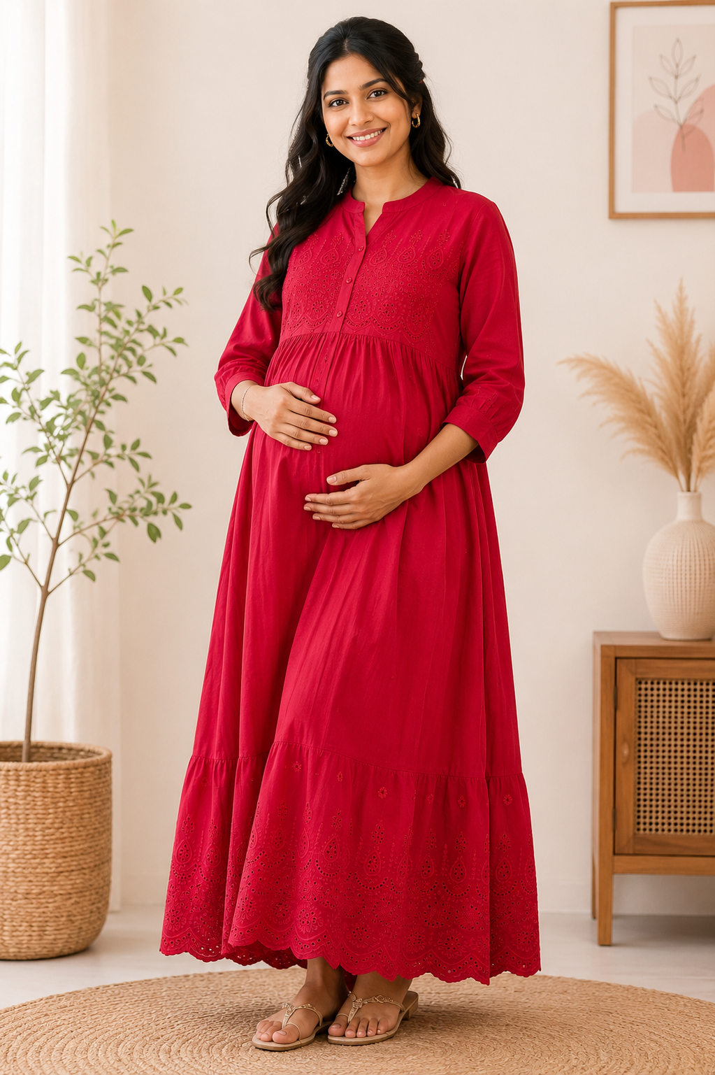 Maroon Embroidered Maternity & Feeding Maxi Dress