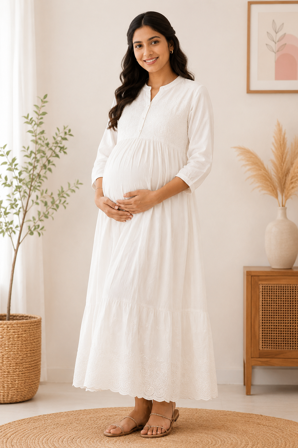 Maroon Embroidered Maternity & Feeding Maxi Dress