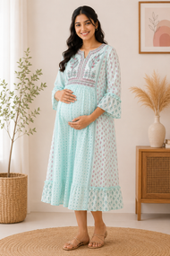 Elegant Sky Blue Embroidered Maternity maxi