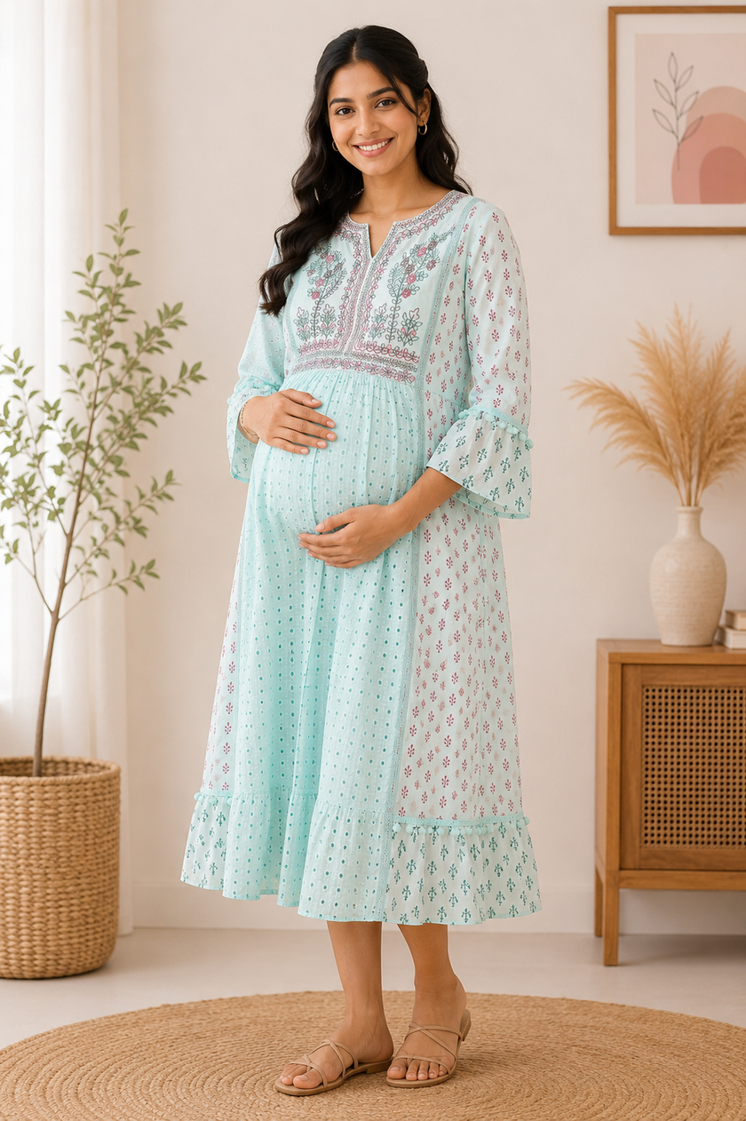 Elegant Sky Blue Embroidered Maternity maxi
