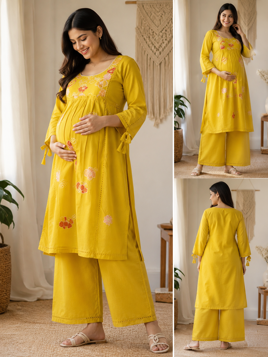 Yellow Embroidered Maternity & Feeding Kurta with Palazzo Set for Women