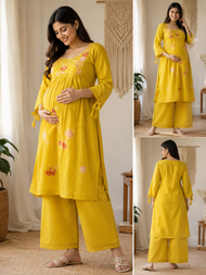 Yellow Embroidered Maternity & Feeding Kurta with Palazzo Set for Women