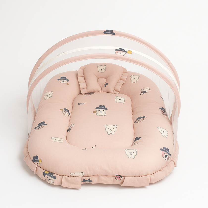 Peach Bear Baby Bed with Mosquito Net – Soft & Protective Infant Bedding