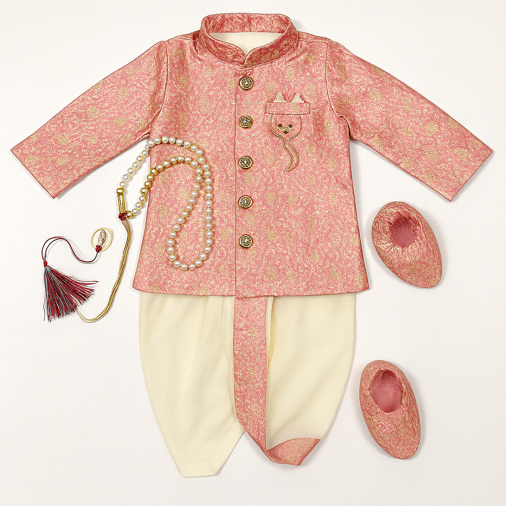 Peach Brocade Sherwani Set with Pearl Mala & Mojaris for Boys - Mamadada