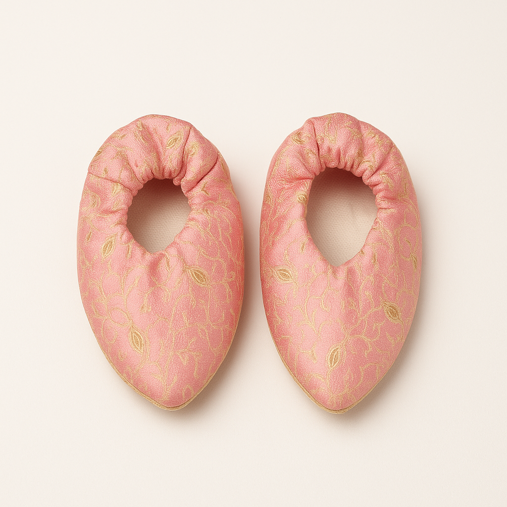 Peach Brocade Sherwani Set with Pearl Mala & Mojaris for Boys - Mamadada