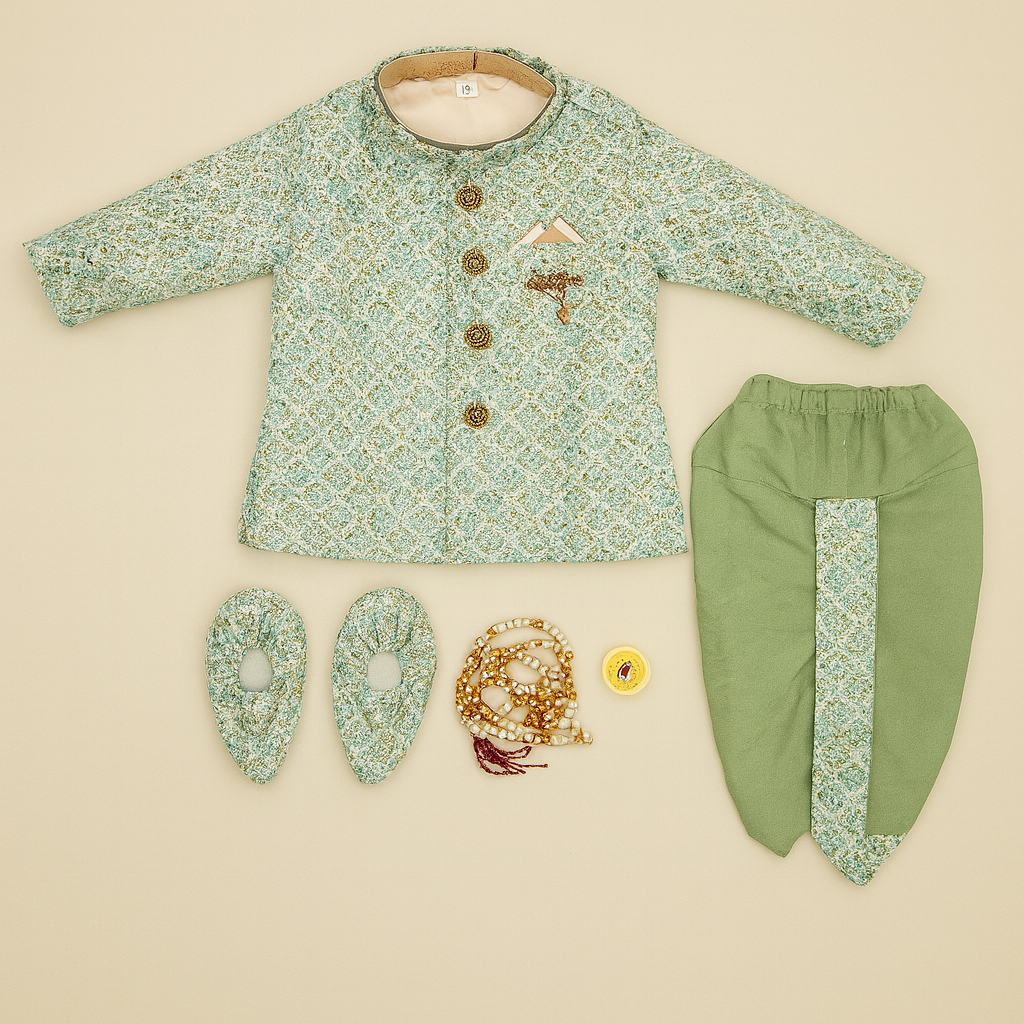 Mint Green Brocade Sherwani Set with Dhoti & Mojaris for Boys