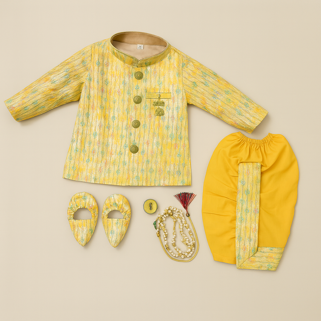 Golden Brocade Sherwani Set with Dhoti & Mojaris for Boys