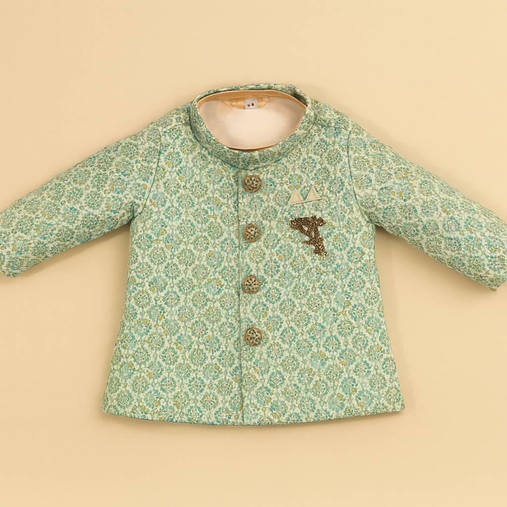 Mint Green Brocade Sherwani Set with Dhoti & Mojaris for Boys