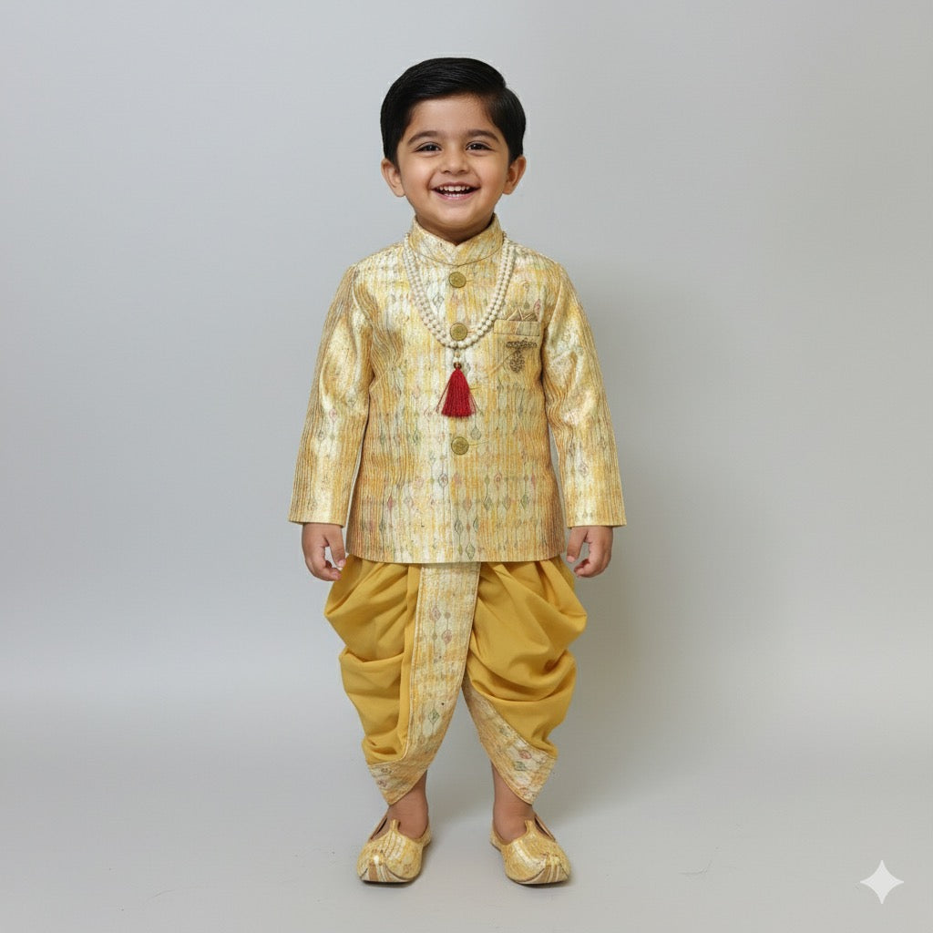 Golden Brocade Sherwani Set with Dhoti & Mojaris for Boys - Mamadada