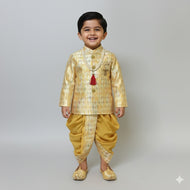 Golden Brocade Sherwani Set with Dhoti & Mojaris for Boys