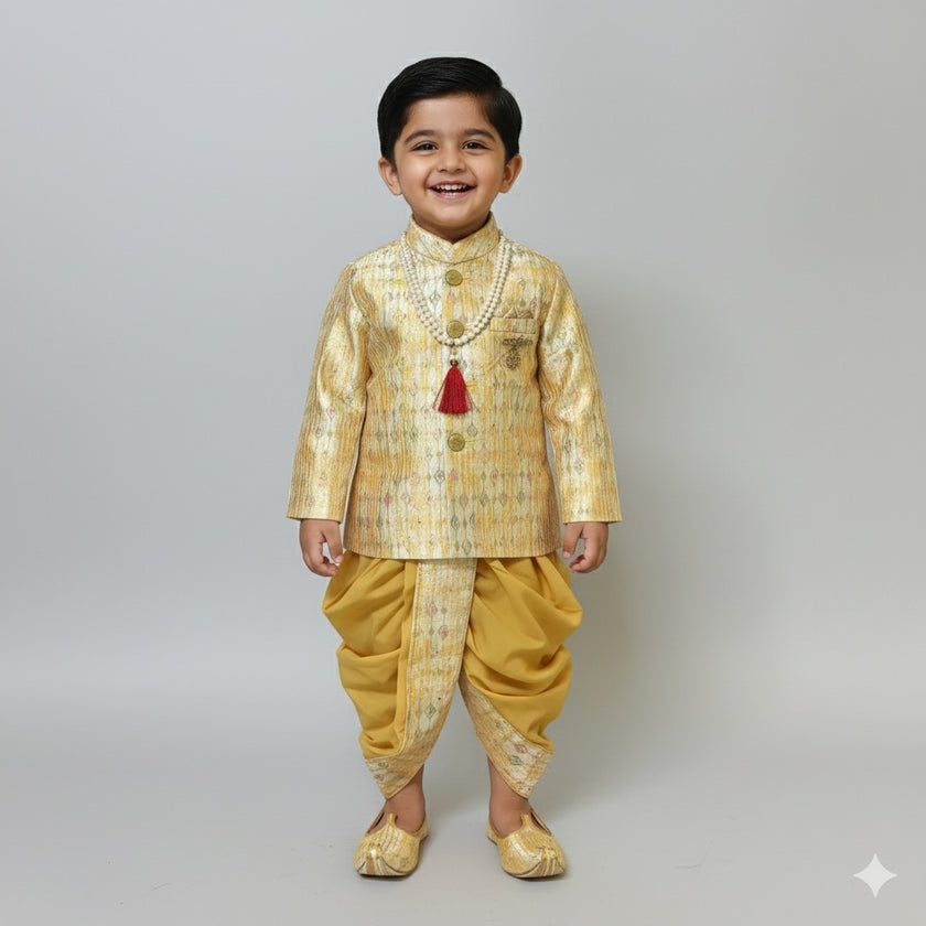 Golden Brocade Sherwani Set with Dhoti & Mojaris for Boys