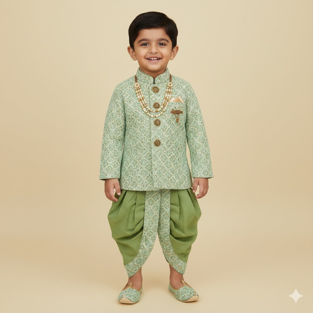 Mint Green Brocade Sherwani Set with Dhoti & Mojaris for Boys