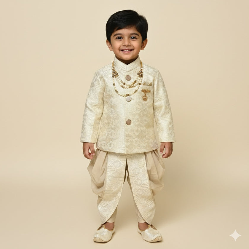 Cream Brocade Sherwani Set with Dhoti & Mojaris for Boys