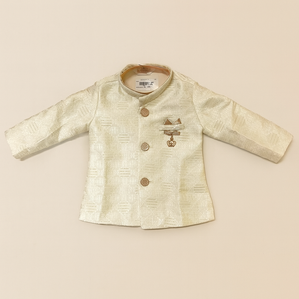 Cream Brocade Sherwani Set with Dhoti & Mojaris for Boys