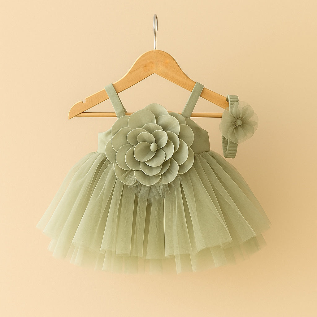 Sage Green Tulle Party Dress for Girls with Floral Appliqué