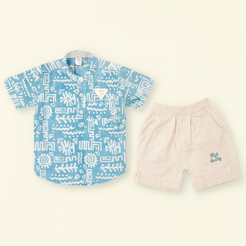 Boys Sky Blue Tribal Print Shirt with Cream Shorts