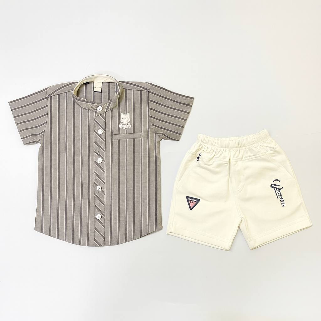 Boys Brown Striped Shirt with Cream Shorts - Mamadada
