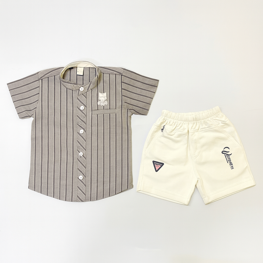 Boys Brown Striped Shirt with Cream Shorts
