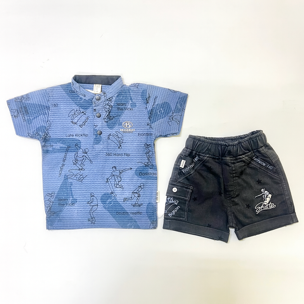Boys Blue Skate Print Shirt with Black Shorts