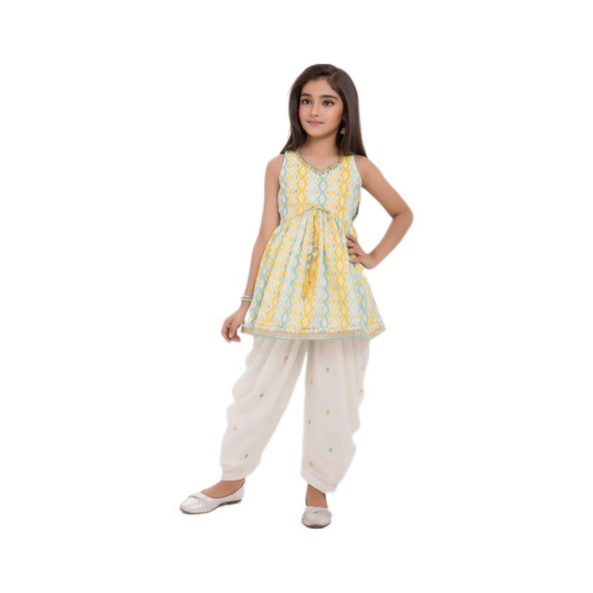 Yellow Ikat Peplum Kurta with White Dhoti Pants for Girls