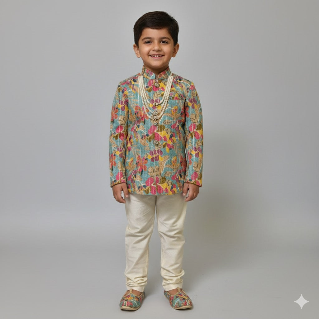 Aqua Floral Printed Kurta & Cream Pant Set – Regalia by BabyOne