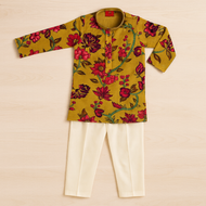 Mustard Red Floral Kurta Set for Boys