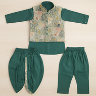 Emerald Green Embroidered Jacket Kurta Set for Boys