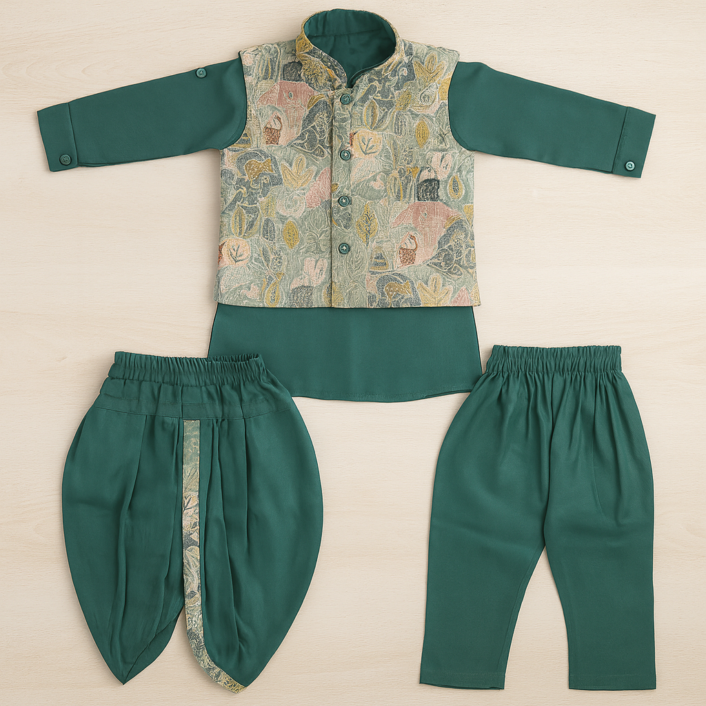 Emerald Green Embroidered Jacket Kurta Set for Boys