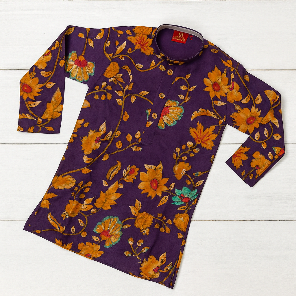Royal Purple Floral Printed Kurta Set for Boys