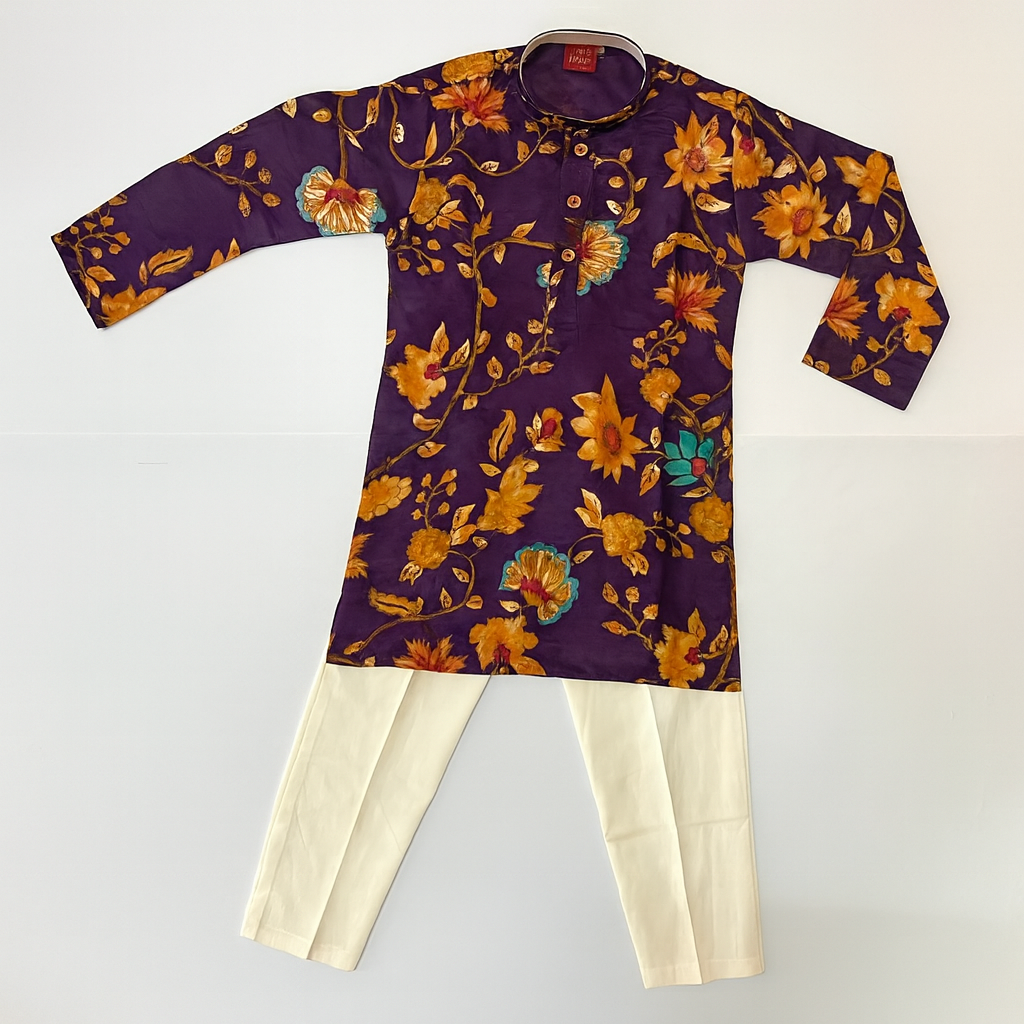 Royal Purple Floral Printed Kurta Set for Boys - Mamadada