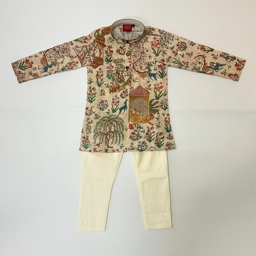Heritage Beige Folk-Art Printed Kurta Set for Boys - Mamadada