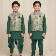 Emerald Green Embroidered Jacket Kurta Set for Boys