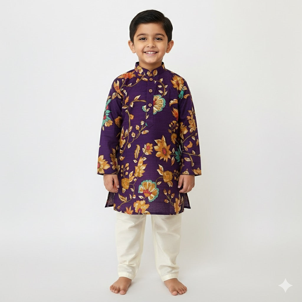 Royal Purple Floral Printed Kurta Set for Boys