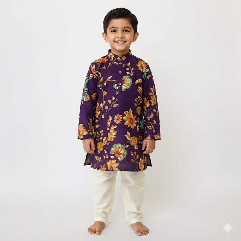 Royal Purple Floral Printed Kurta Set for Boys