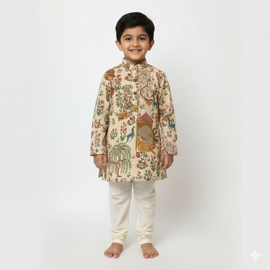 Heritage Beige Folk-Art Printed Kurta Set for Boys