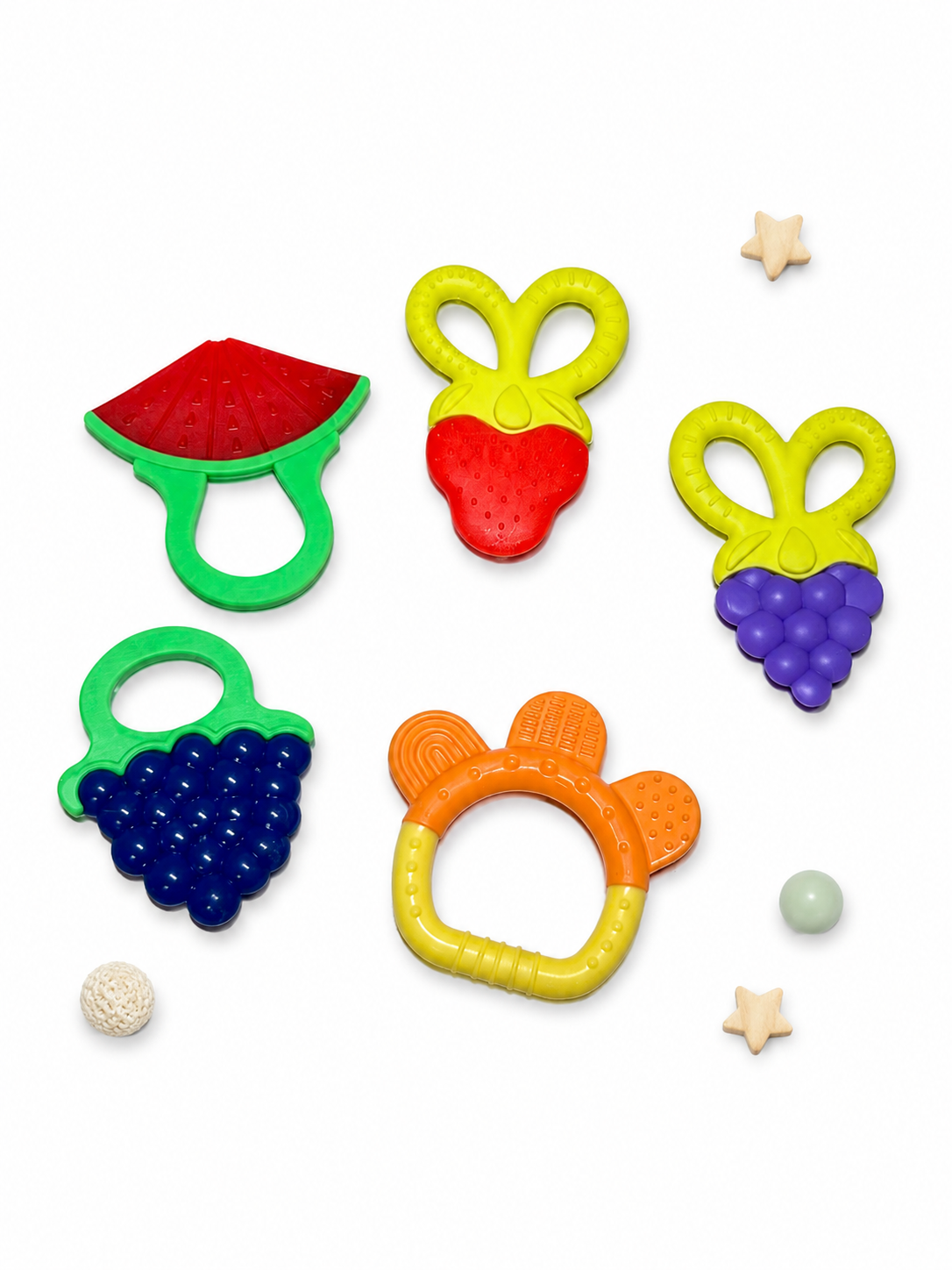 Fruit-Shaped Baby Teether Set – BPA-Free Soft Silicone Teething Toys for Infants (Pack of 5)