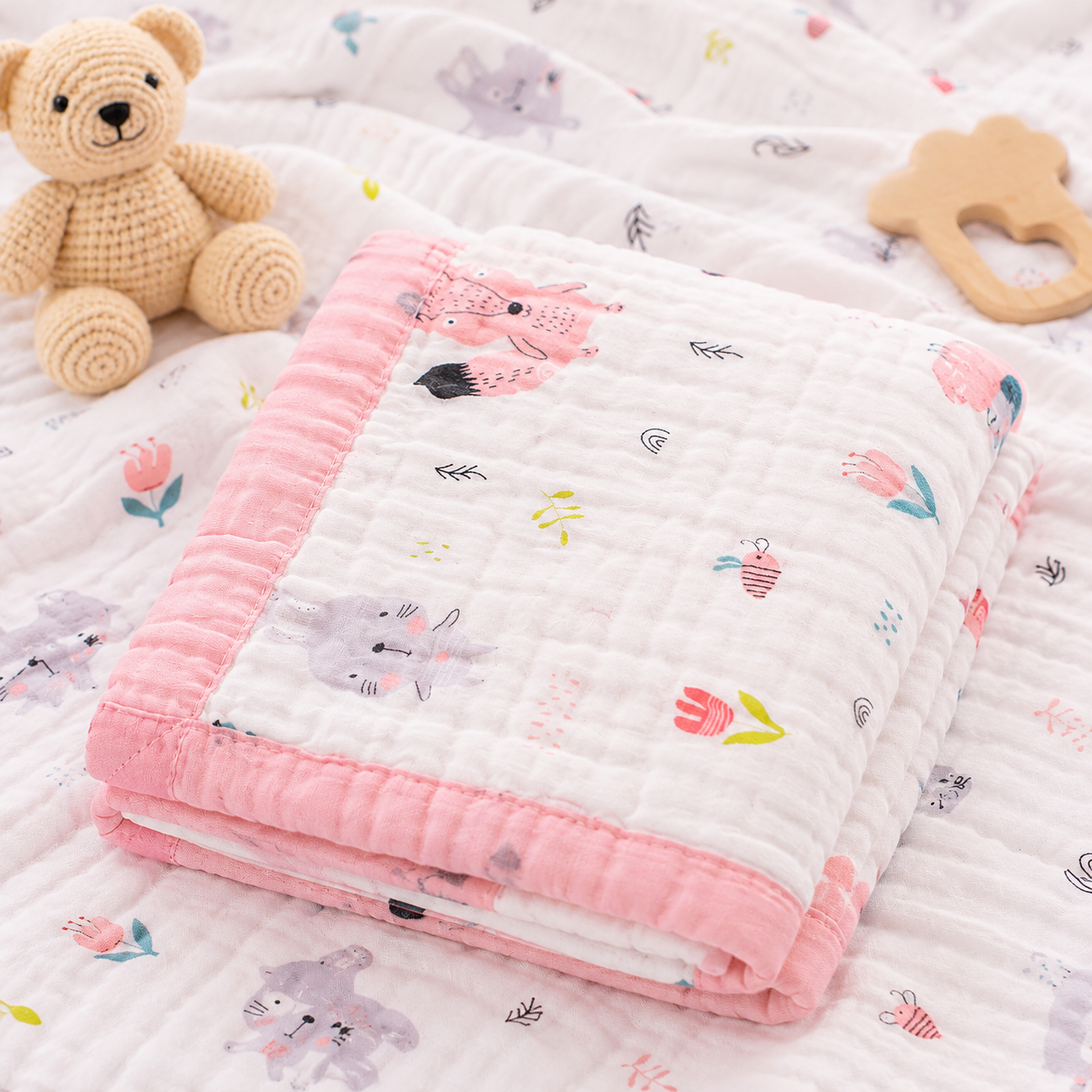 Muslin Baby Blanket with Cute Bear Print