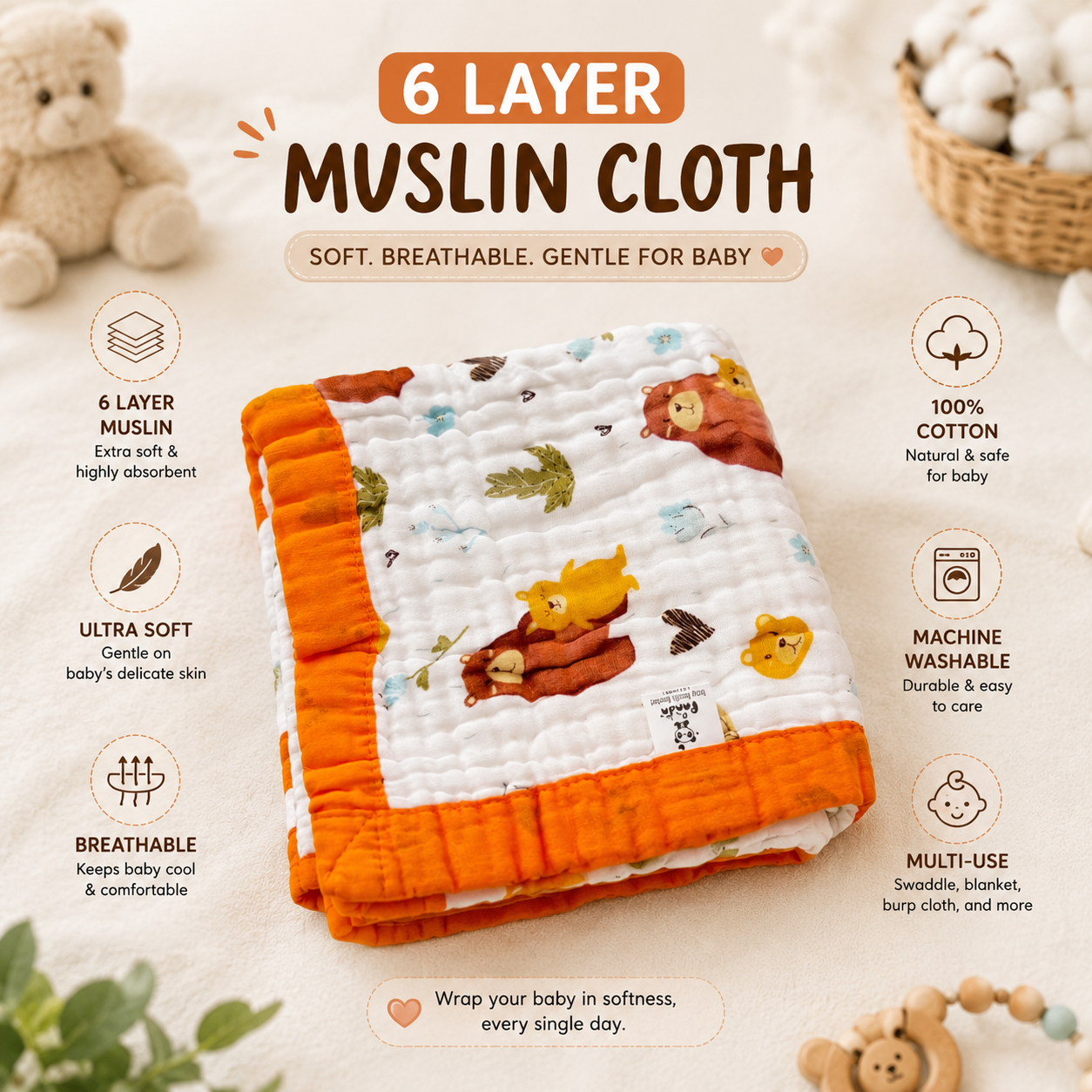Muslin Baby Blanket with Cute Bear Print